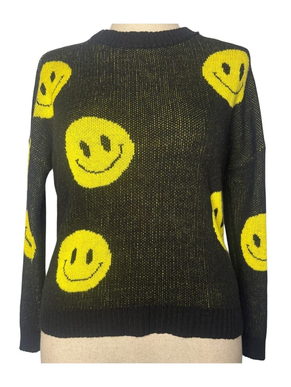 Just Polly New York Smiley Face Knit Pullover Sweater Black Yellow - M